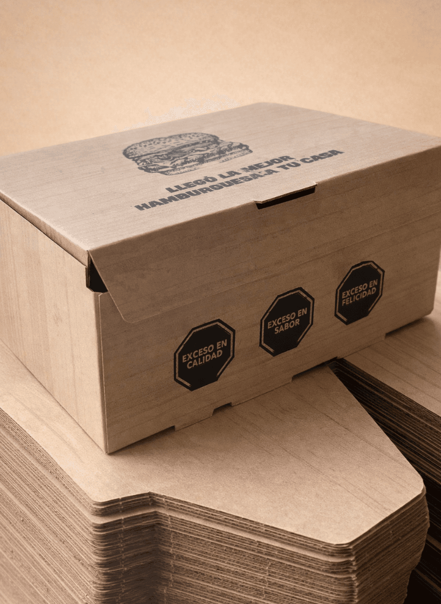 CAJA DE HAMBURGUESA MICROCORRUGADA IMPRESA 23 X 15 X 9 MM